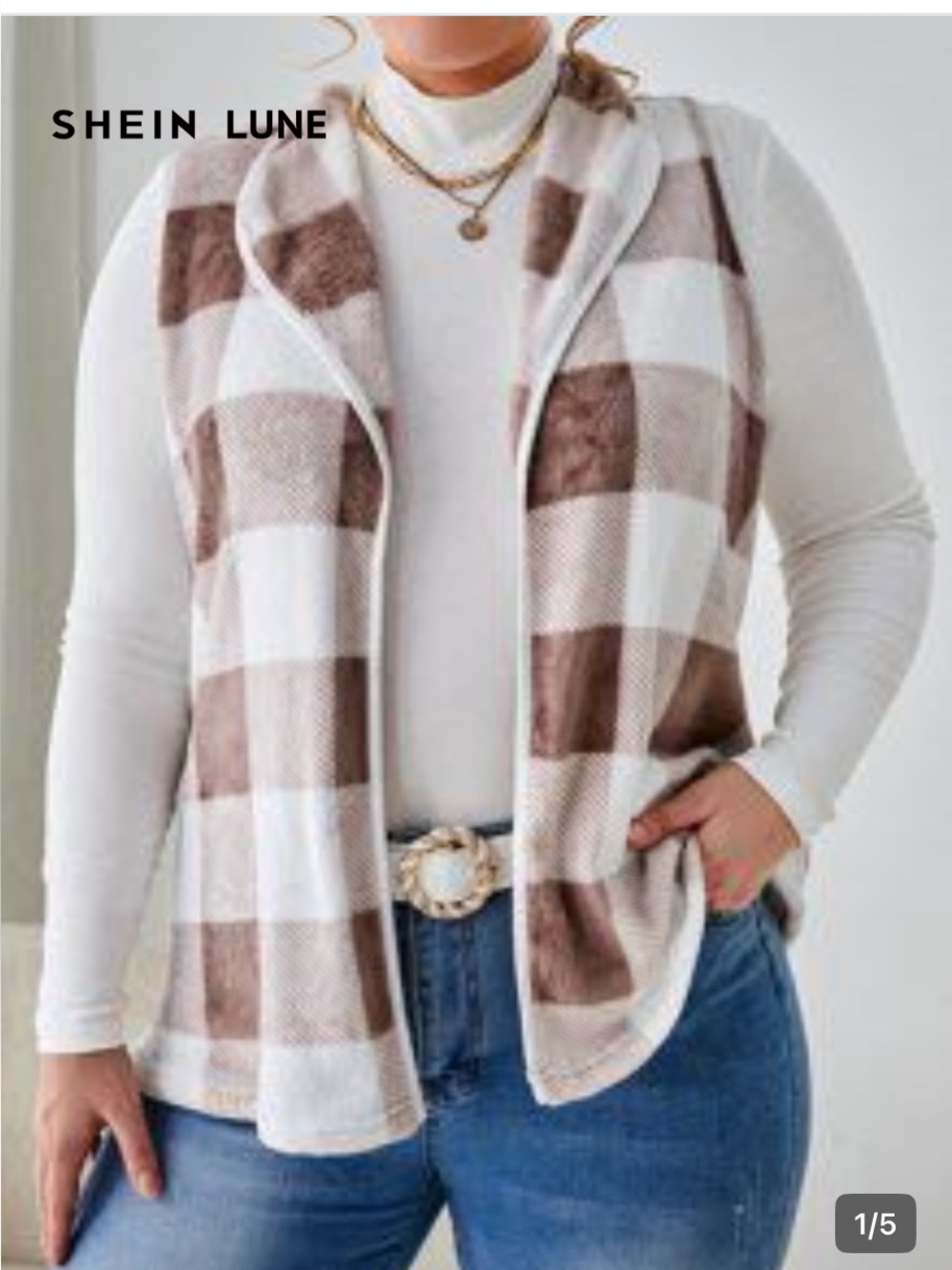 SHEIN Lune Brown & White Plaid Open-Front Vest